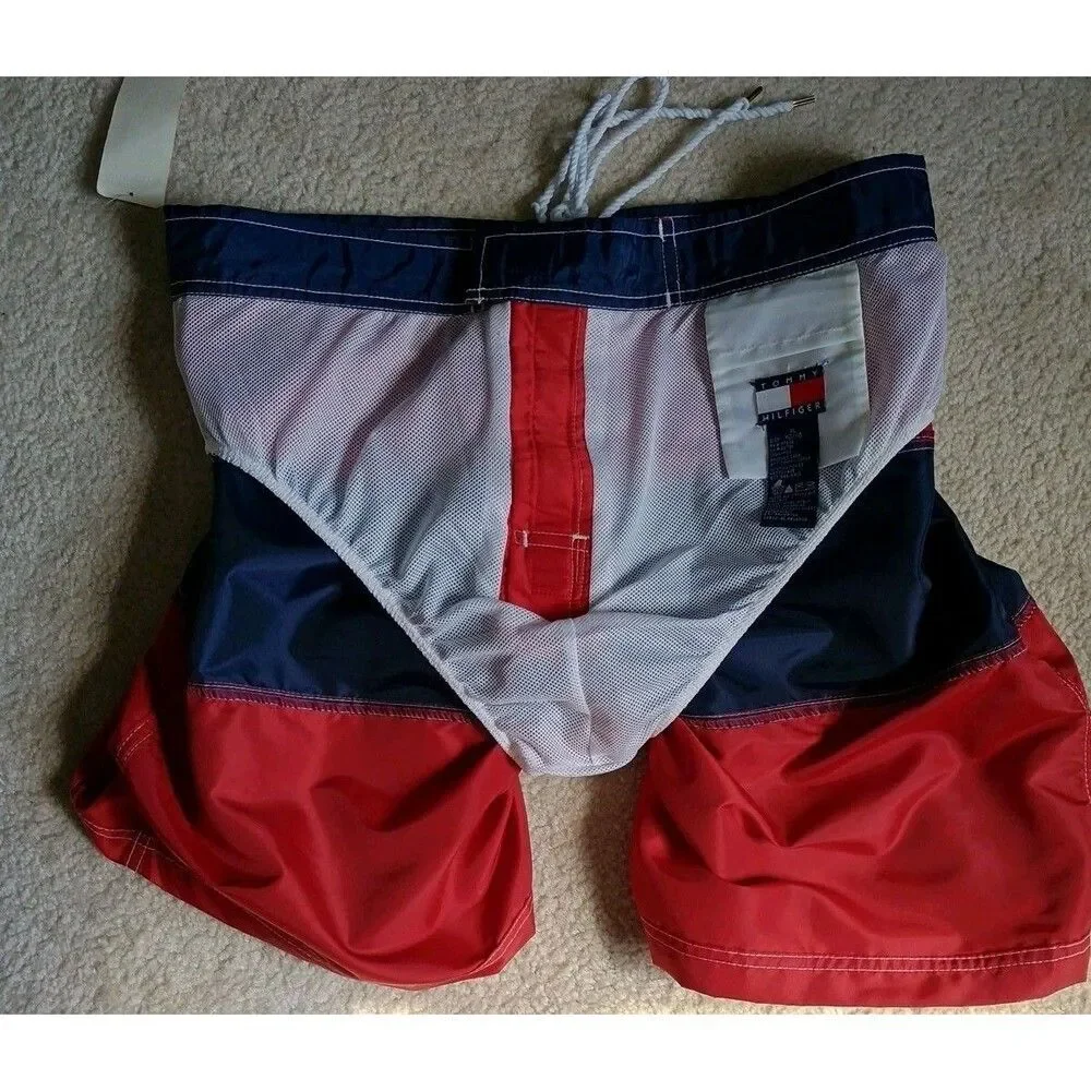 Tommy Hilfiger Mens Swim Trunks XL Vintage Style Board Shorts Red Blue NWT READ